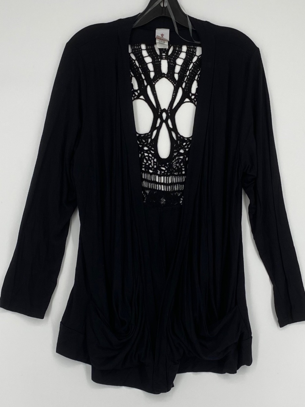 Libian Fits Like Large XL Open Front Knit Cardigan with Crochet Skull Back Black